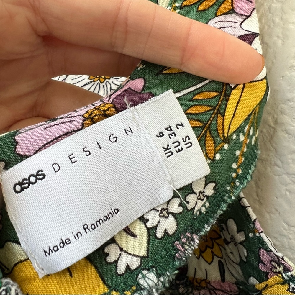ASOS Midi Dress Size 2 Green Floral Puff Sleeve Spring Summer Bohemian Easter - Picture 10 of 11